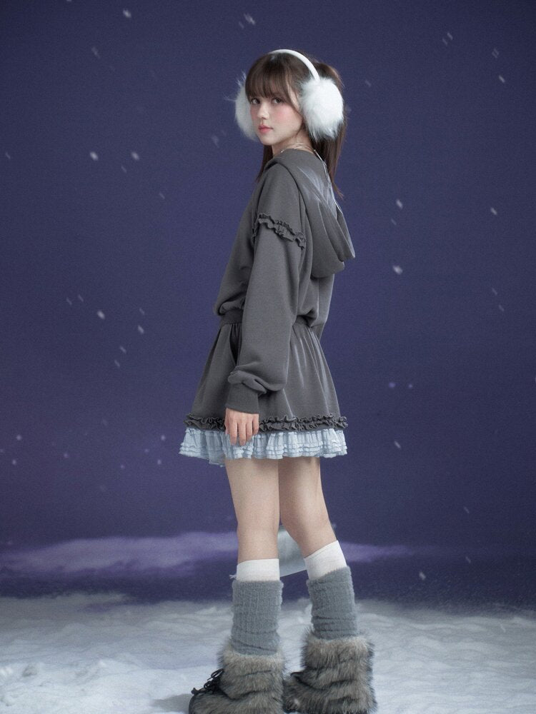 Gray Blue Print Lace Hoodie Dress【s0000015471】