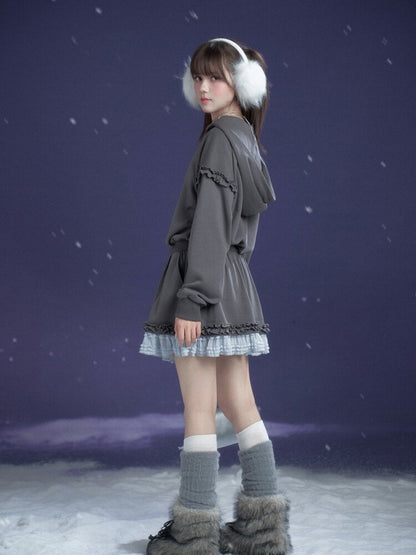 Gray Blue Print Lace Hoodie Dress【s0000015471】