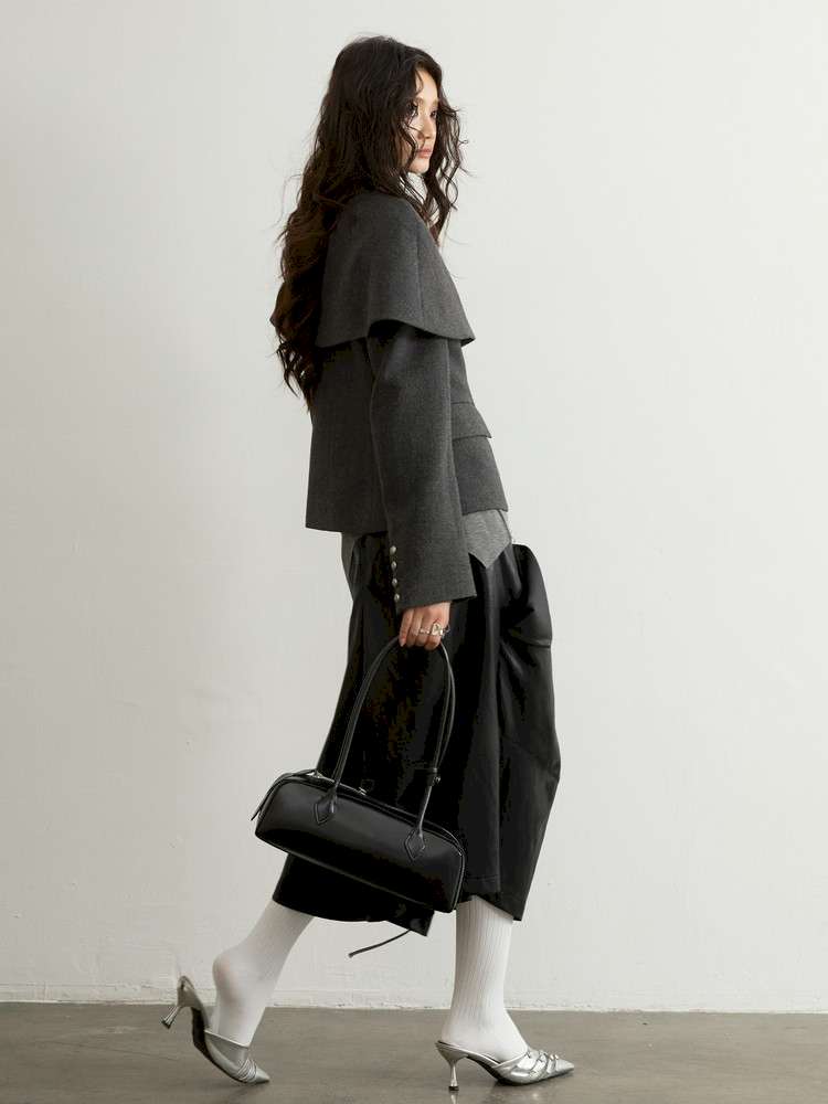 Removable Cape Gray Tweed Coat【s0000015192】
