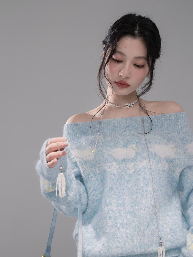 Blue One-Shoulder Jacquard Sweater【s0000015736】