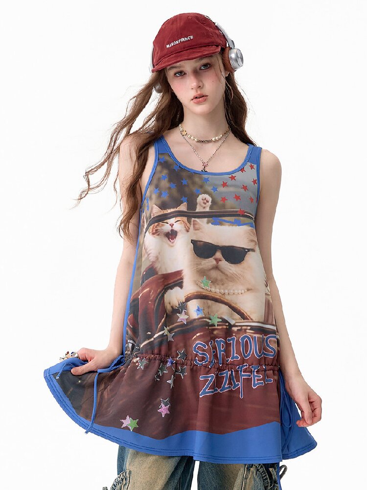 American Cat Print Vintage Tank Dress【s0000017676】