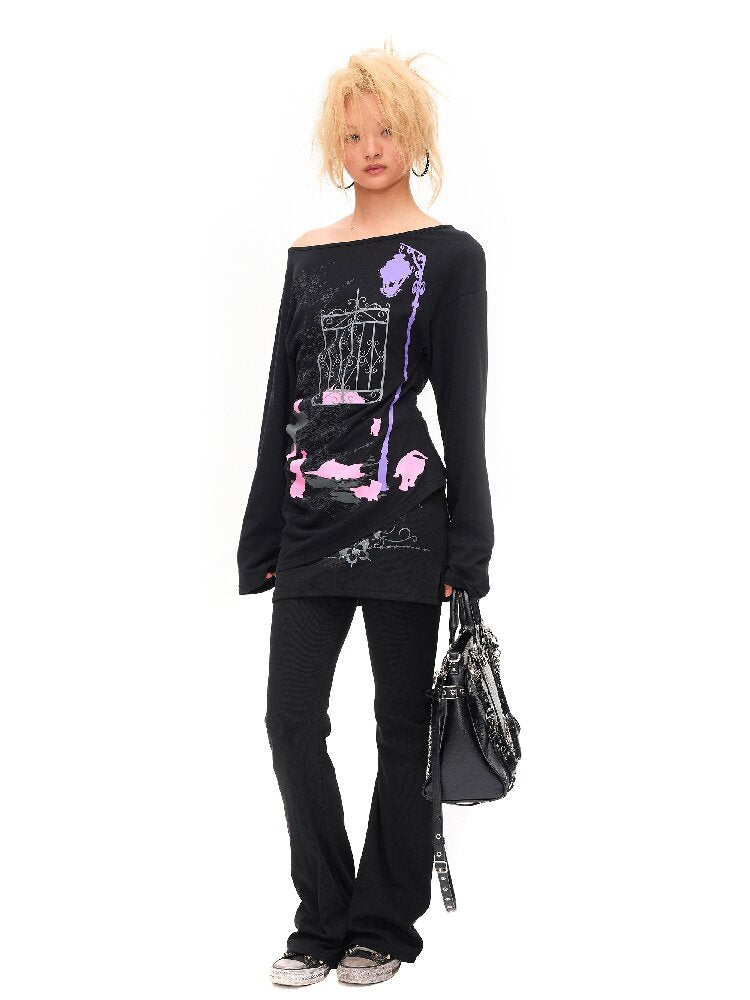 Dark Night Cat Slanted Long Top【s0000016935】