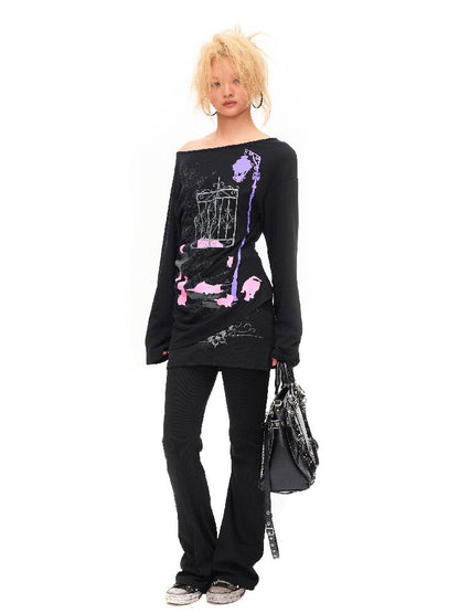 Dark Night Cat Slanted Long Top【s0000016935】