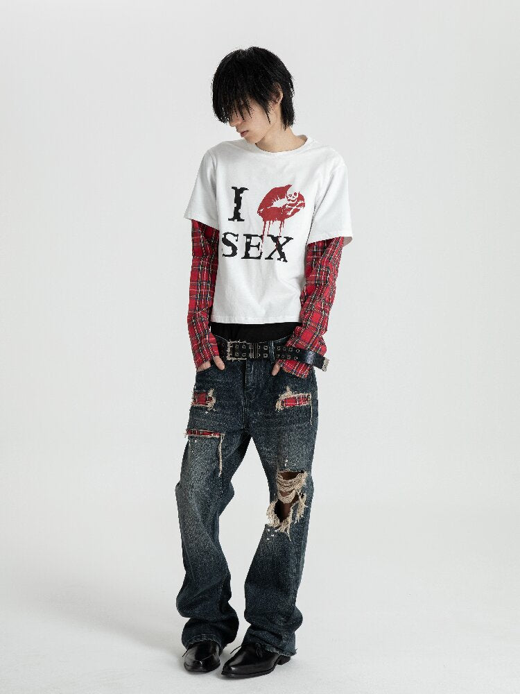 Red Plaid Patchwork Long T-Shirt【s0000018566】