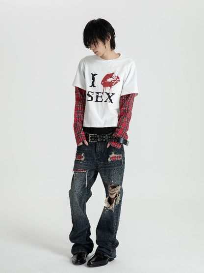 Red Plaid Patchwork Long T-Shirt【s0000018566】