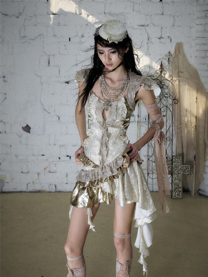 Baroque Satin Ruffle Two Piece Dress【s0000016996】
