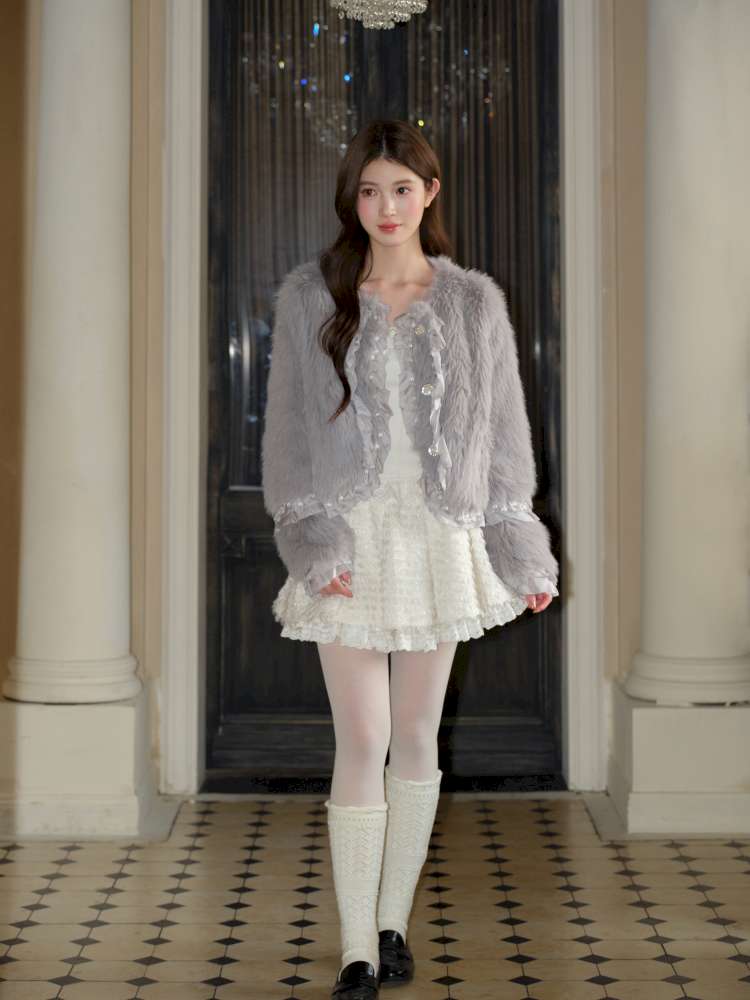 Gray Lotus Lace Bead Fur Jacket【s0000015049】