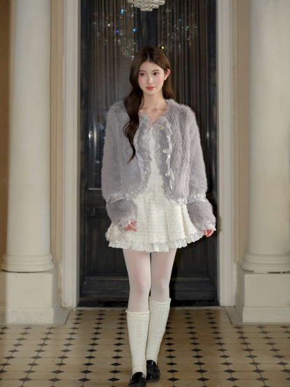 Gray Lotus Lace Bead Fur Jacket【s0000015049】