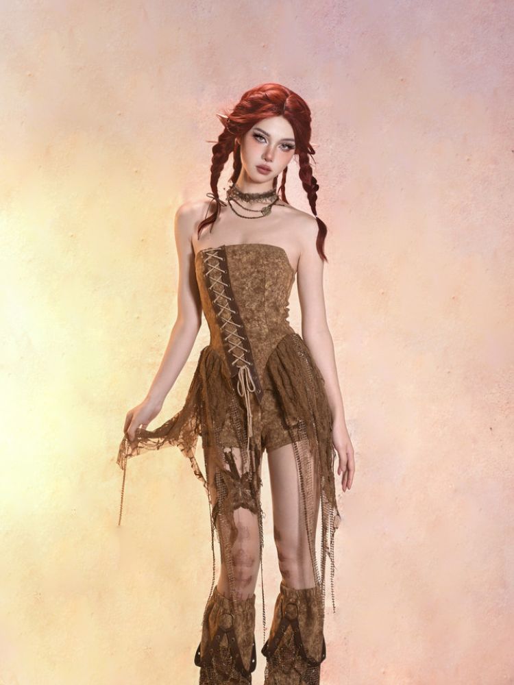 Aged Denim Asymmetric Plunge Top【s0000013508】