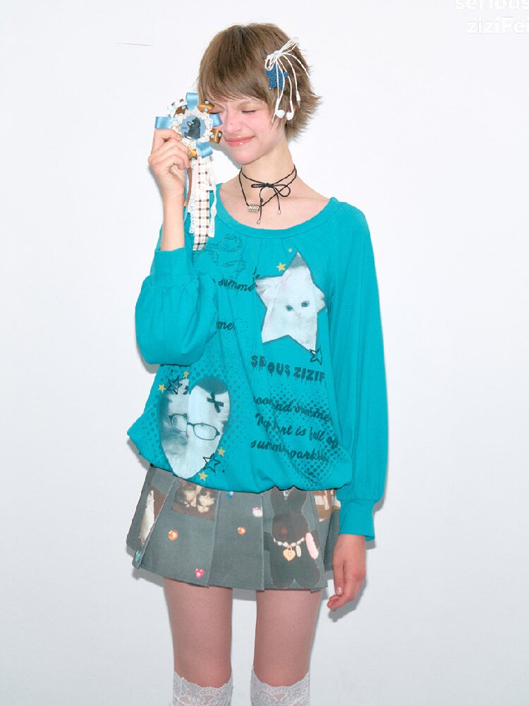 Lantern Sleeve Cat Print T-Shirt【s0000017877】