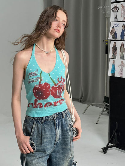 Wave Cherry Print Cropped Top Tank【s0000017305】