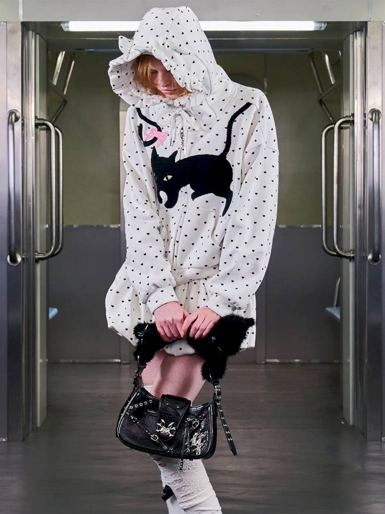 Black Cat Embroidered Cat Ear Hoodie Jacket【s0000014422】