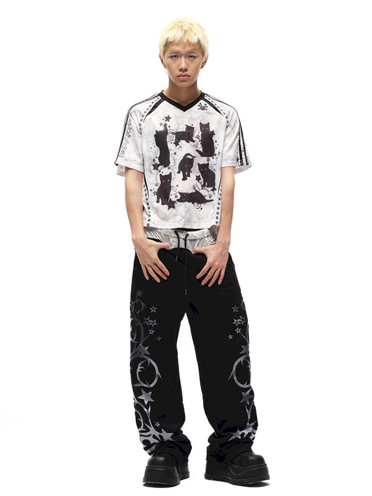 Black cat print shoulder sleeve t-shirt【s0000012586】