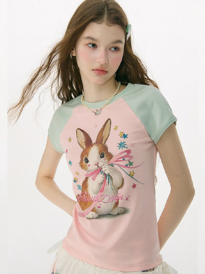 Summer Retro Contrast Rabbit T Shirt【s0000017159】