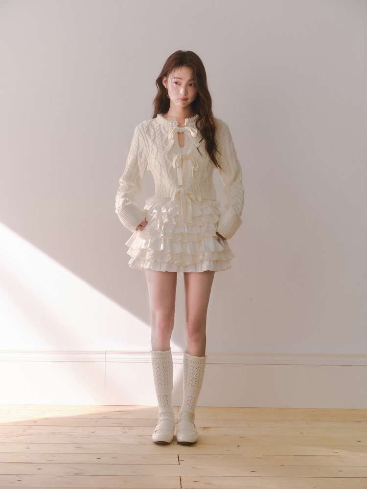 Crochet-Tied Bow Short Knit Cardigan【s0000014611】