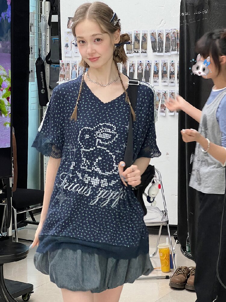 Dark Blue Rabbit Floral Lace T-Shirt【s0000016602】