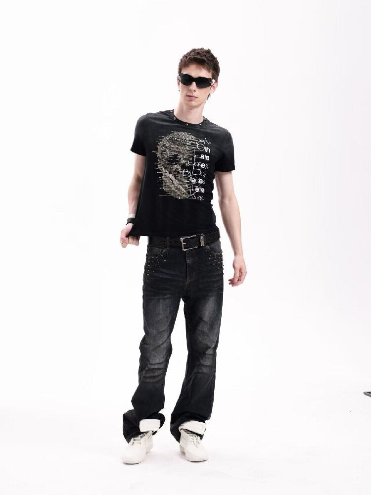 Washed Heavy-Duty Rhinestone T-Shirt【s0000018280】