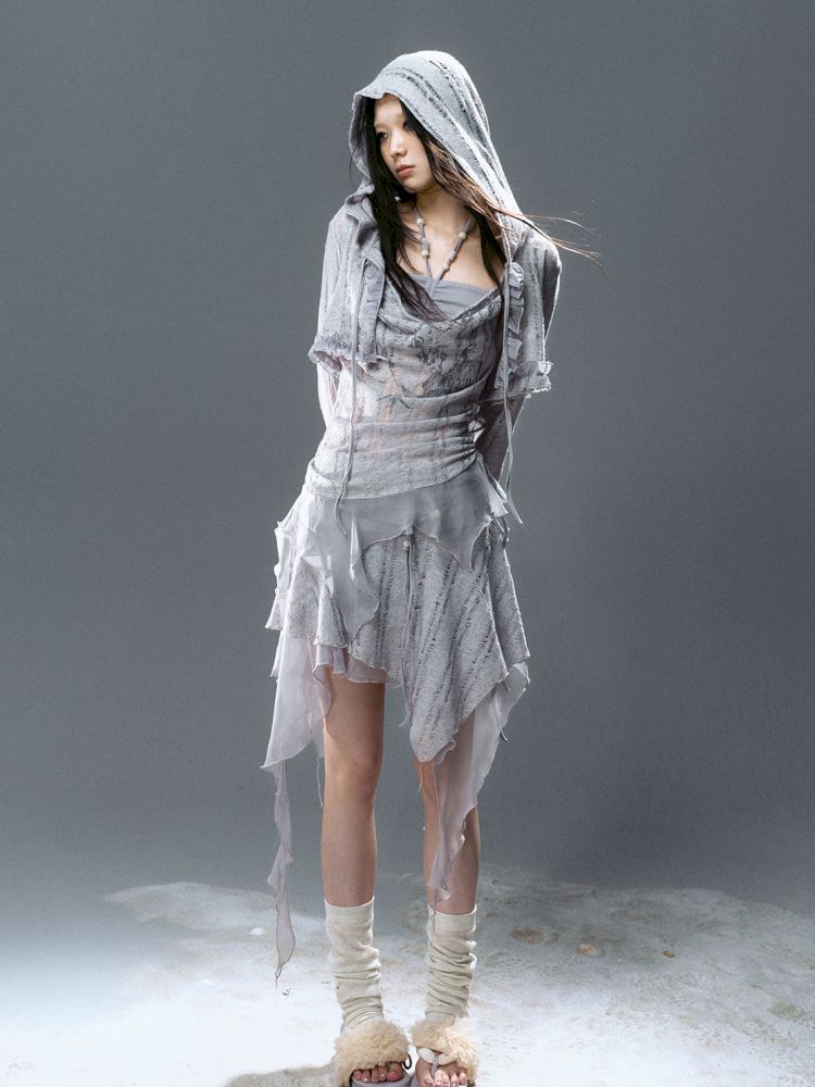 Ruffle Misty Blue Hooded Tunic【s0000012642】