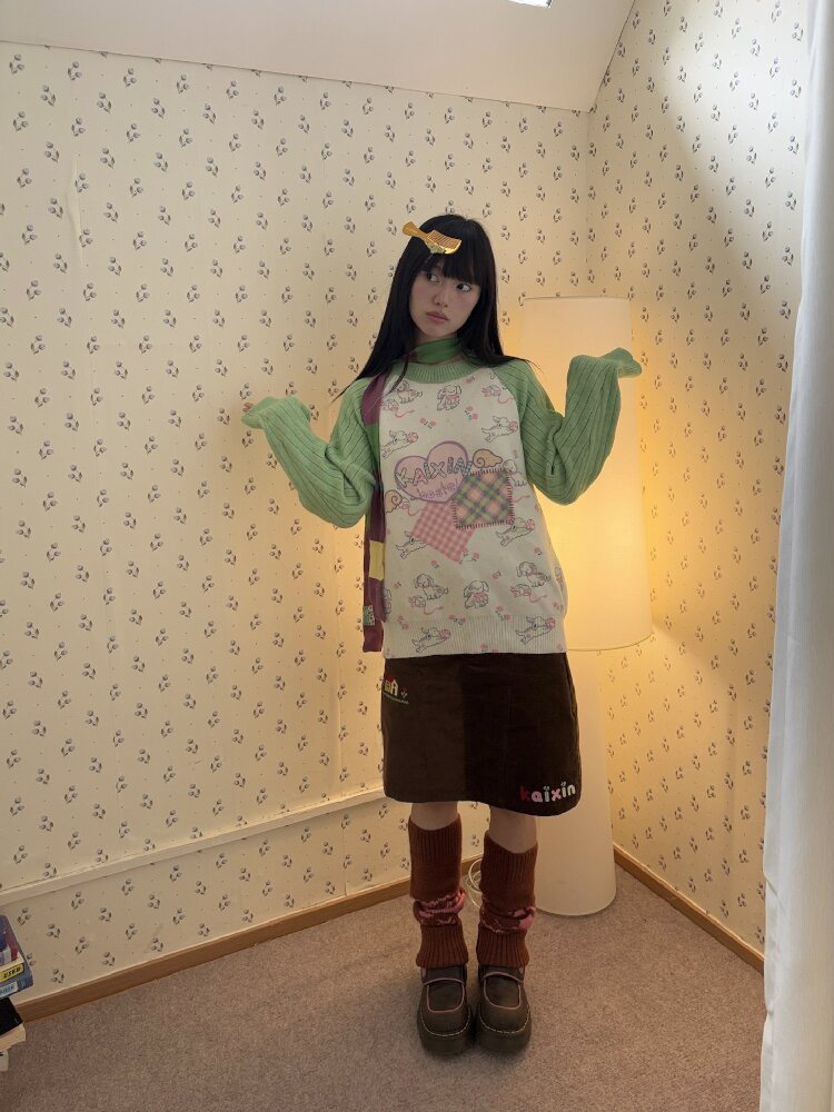 Puppy Floral Print Color Block Sweater【s0000019080】