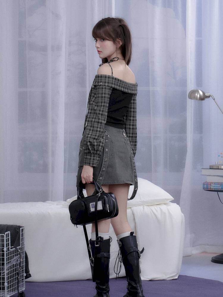 Check Pattern Strap One-Shoulder Shirt【s0000014370】