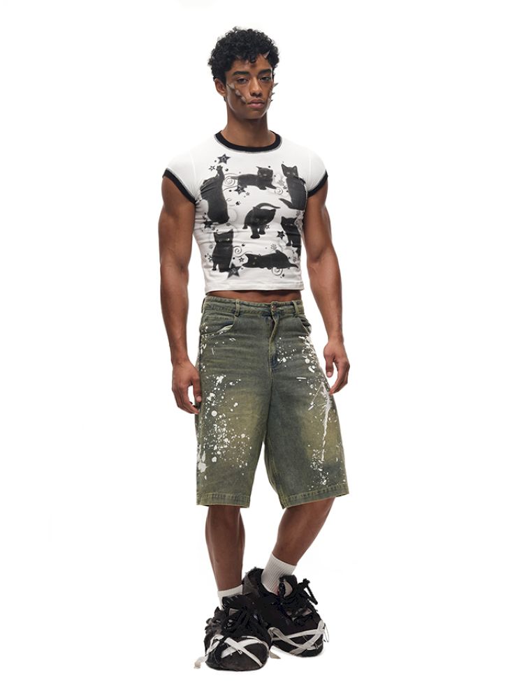 Black Cat Print Short Sleeve T-Shirt【s0000012587】