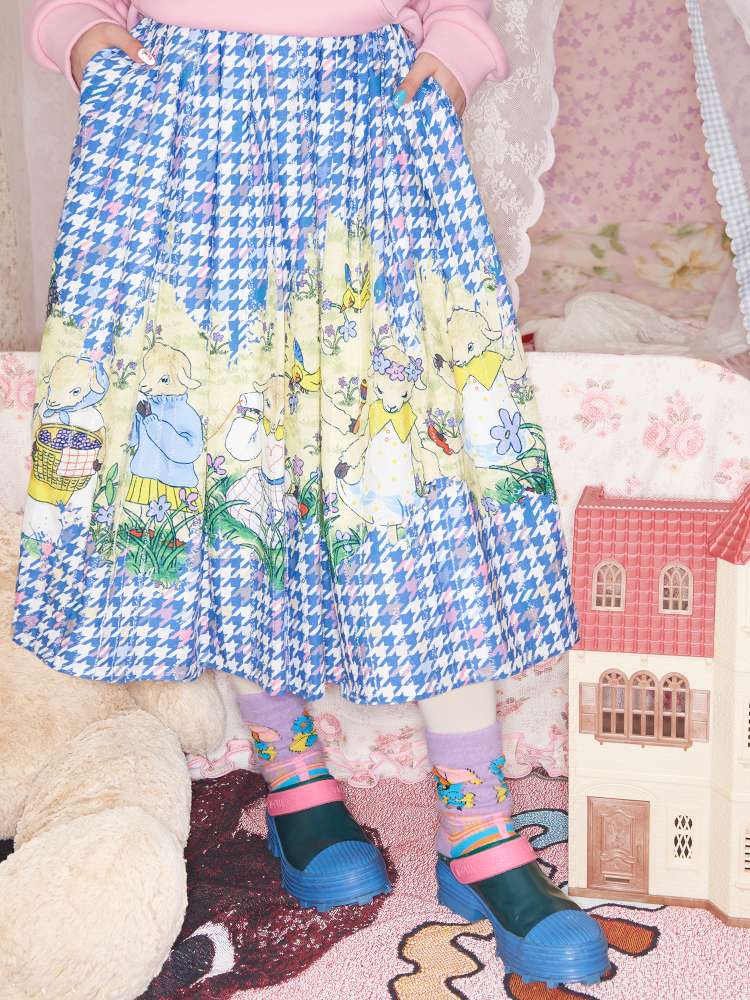 Blue Houndstooth Plaid Lamb Print Skirt【s0000014824】