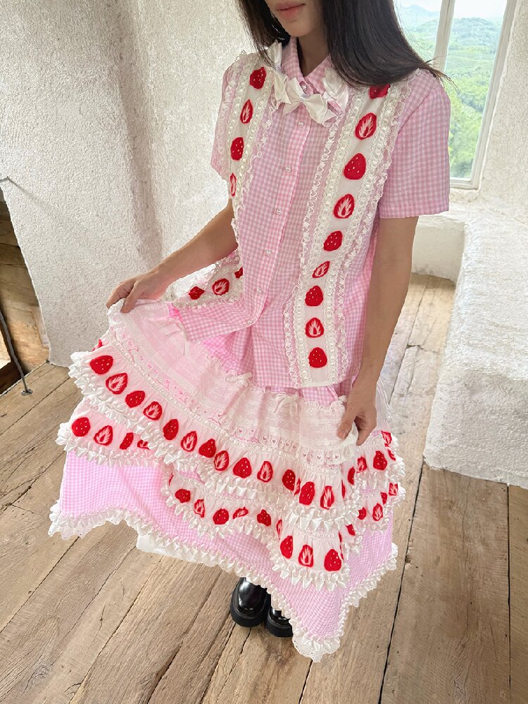 Plaid Lace Bow Short Sleeve Shirt【s0000018541】