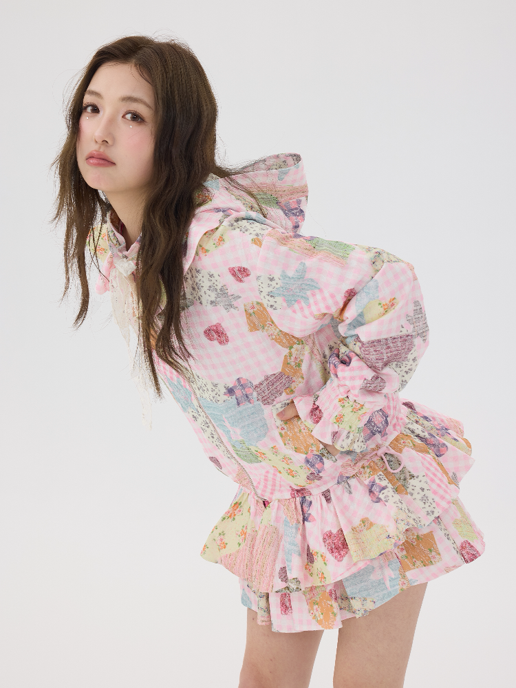 Pink Lace Print Collar Coat Suit【s0000016192】