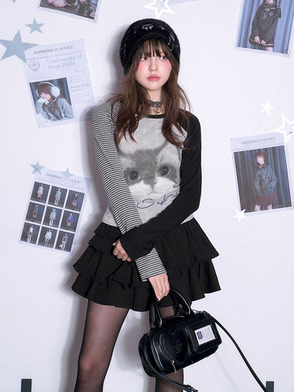 Long Sleeve Polka Dot Cat Printed T-Shirt【s0000011665】