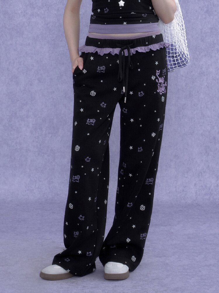Black Purple Lace Print Trousers【s0000016649】