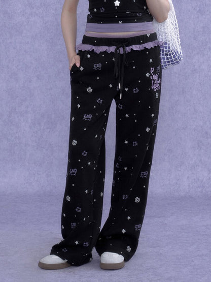 Black Purple Lace Print Trousers【s0000016649】