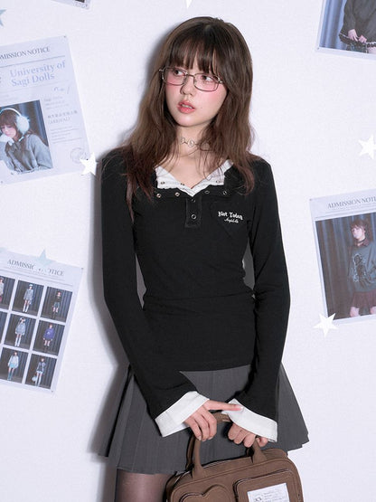 Fake Two Piece V-Neck Long Sleeve T-Shirt【s0000011668】