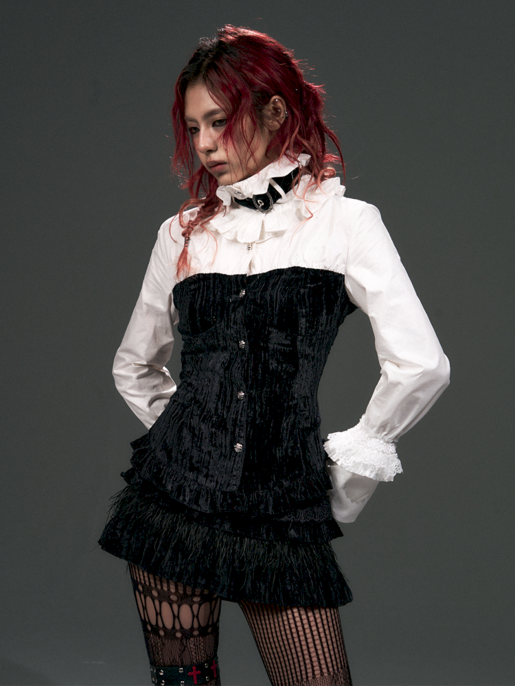 Lace Strappy Flared Velvet Shirt【s0000015014】