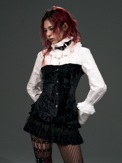 Lace Strappy Flared Velvet Shirt【s0000015014】