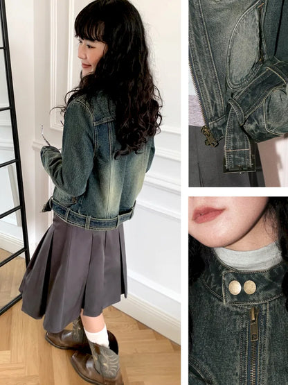Retro-Washed Distressed Slim-Fit Denim Jacket【s0000013996】