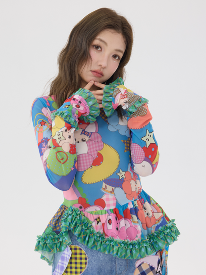 Two Color Cartoon Mesh Lace Top【s0000016197】