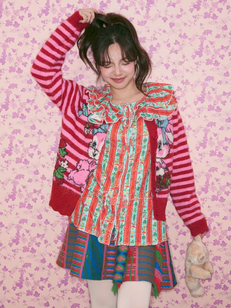 Red Striped Bunny Knitted Cardigan【s0000015376】