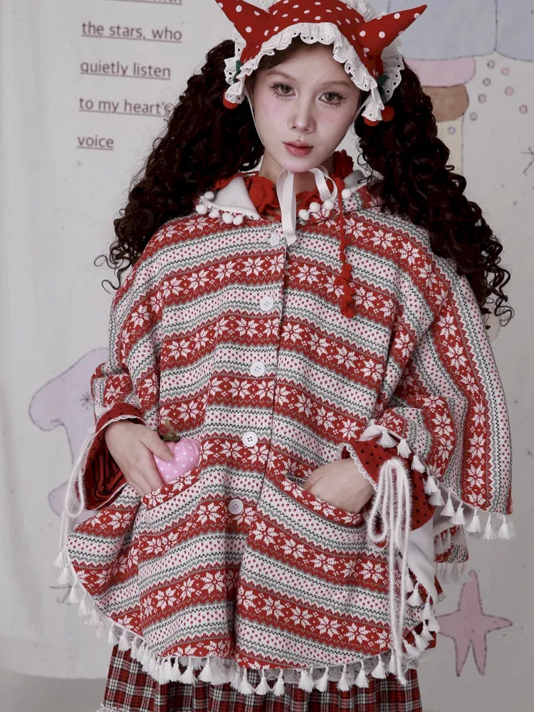 Showa-Era Vintage Red Sweater Cape Coat【s0000014110】