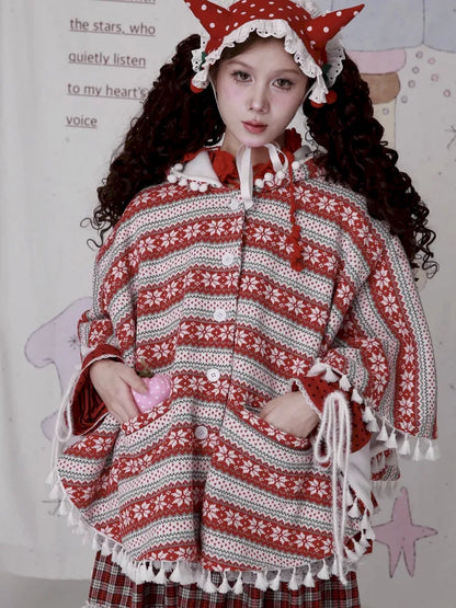 Showa-Era Vintage Red Sweater Cape Coat【s0000014110】