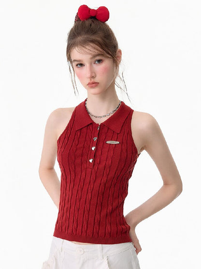 Sleeveless Polo Knit Tank Top【s0000017681】