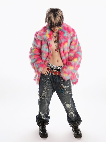 Rainbow Colorful Faux Fur Coat【s0000019281】