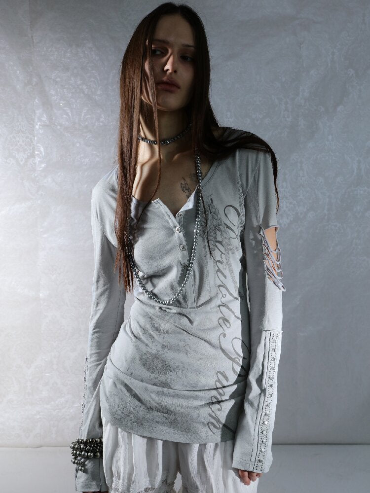 Long Sleeved Ripped Punk Print Tee【s0000015912】