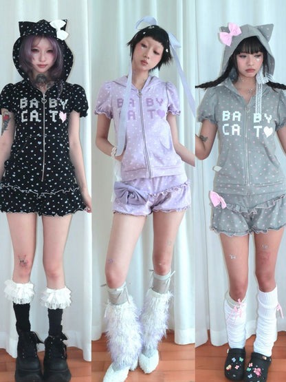 Bubble Sleeve Polka Dot Black White Purple Babycat Set【s0000009267】