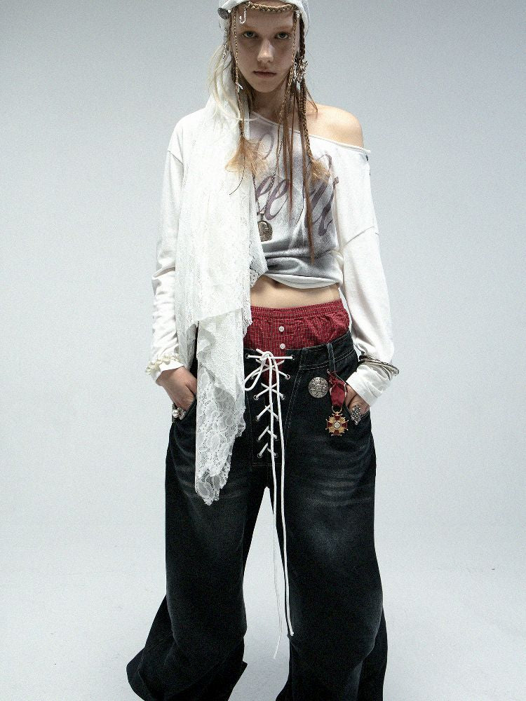 Slant Shoulder Round Neck Printed T-Shirt【s0000011842】