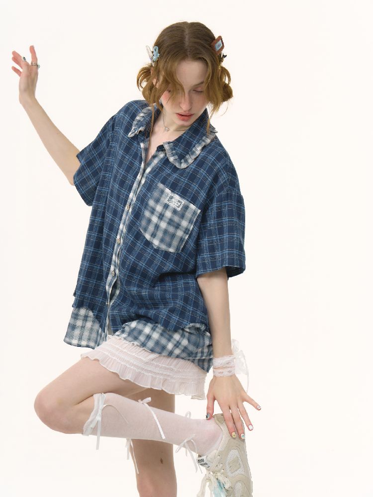 Plaid Patchwork Short Sleeve Shirt【s0000012230】