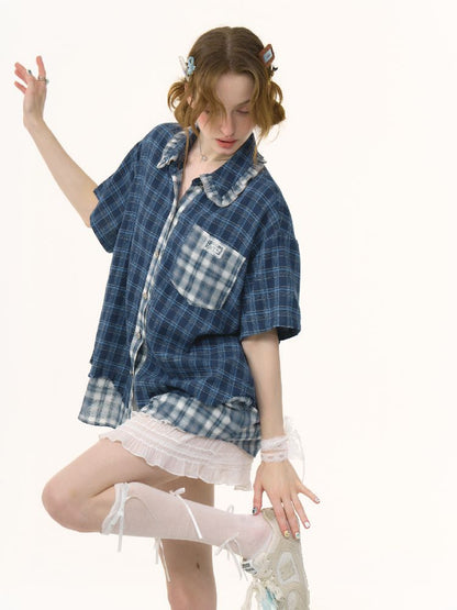 Plaid Patchwork Short Sleeve Shirt【s0000012230】