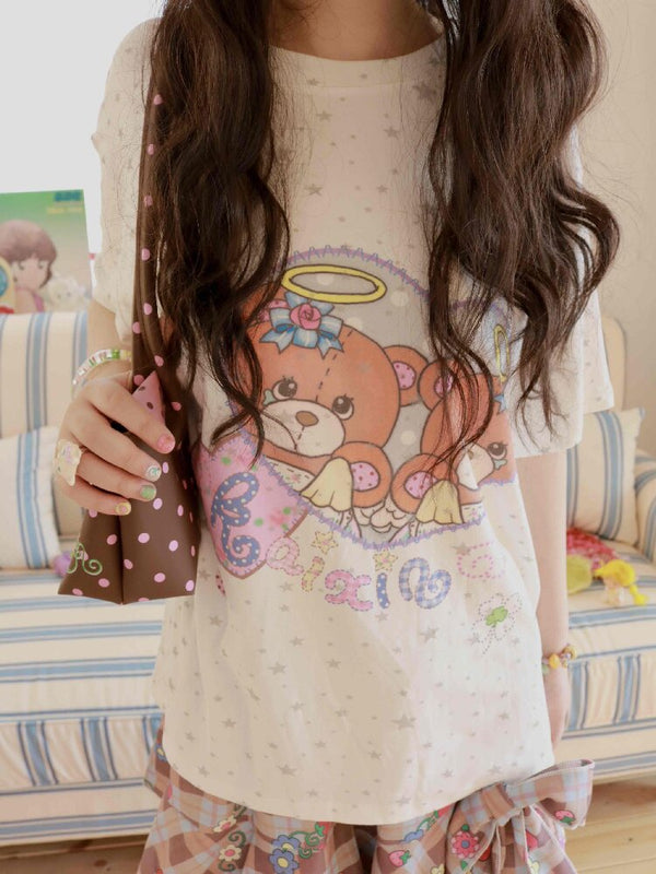 Bear Heart Print Star Loose T-Shirt【s0000017510】