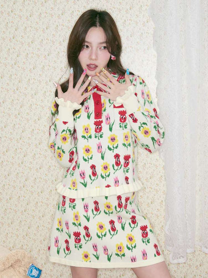 Cartoon Flower Knit Skirt Set【s0000014503】