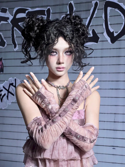 Mesh Nail Rhinestone Pleated Long Sleeve Sleeves【s0000014021】