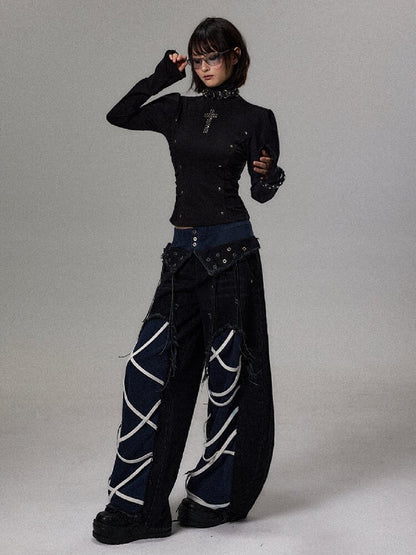 Street Punk Strap Faux Denim Pants【s0000018495】